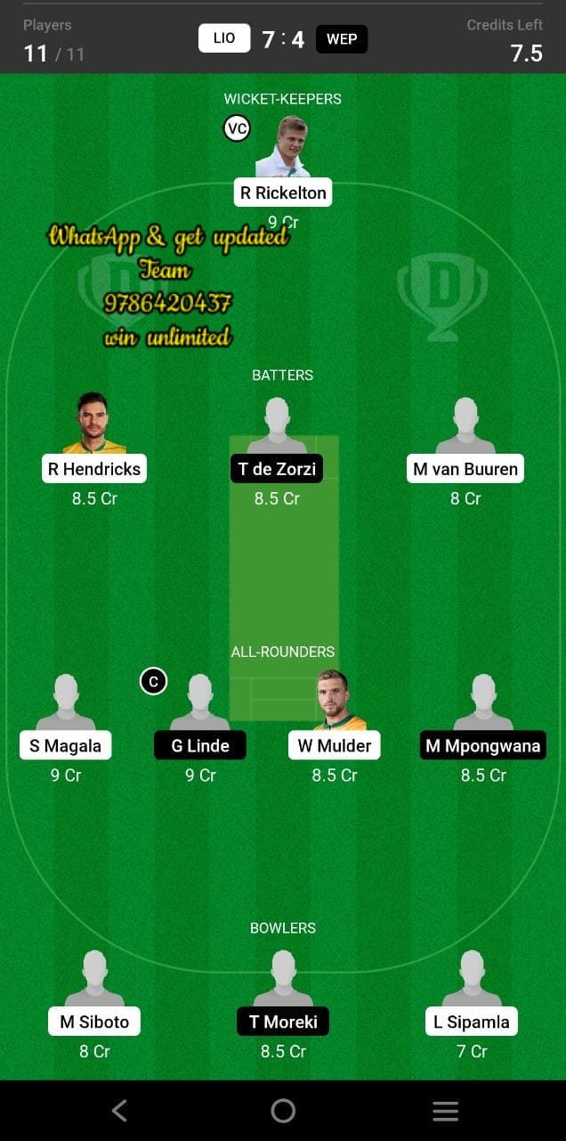 LIO vs WEP Final Match Dream11 Team fantasy Prediction CSA One-Day Challenge Division One