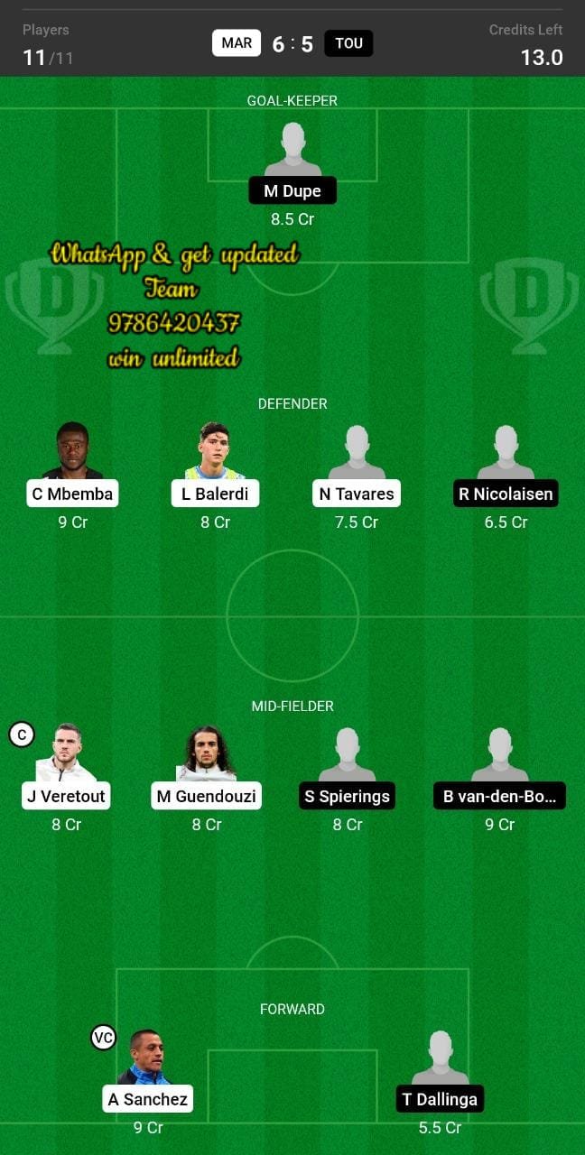 MAR vs TOU Dream11 Team fantasy Prediction Ligue 1