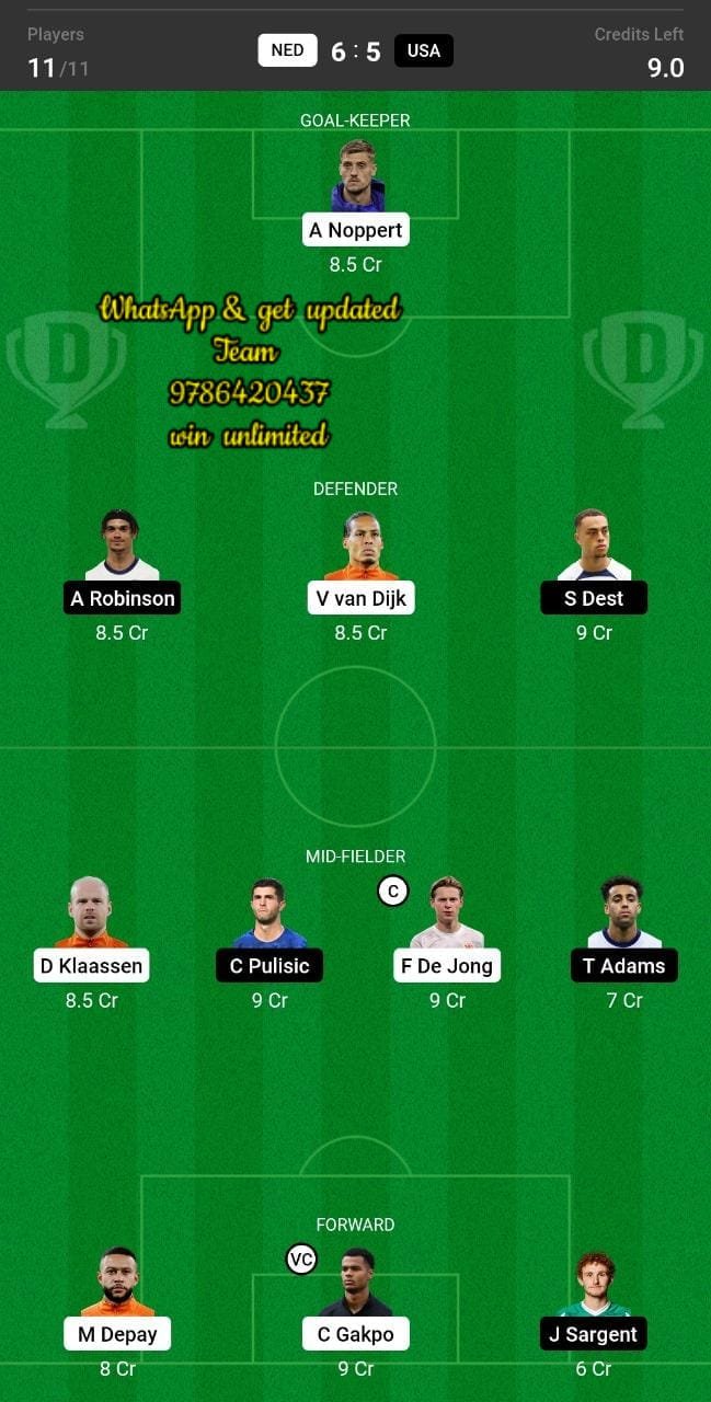 NED vs USA Dream11 Team fantasy Prediction Football World Cup