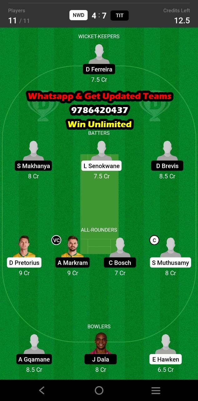 NWD vs TIT 22nd Match Dream11 Team fantasy Prediction CSA One-Day Challenge Division One
