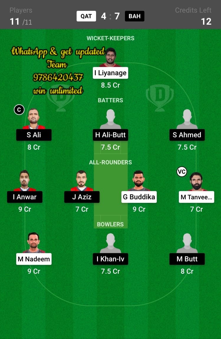 QAT vs BAH 12th Match Dream11 Team fantasy Prediction Malaysia Quadrangular T20I Series