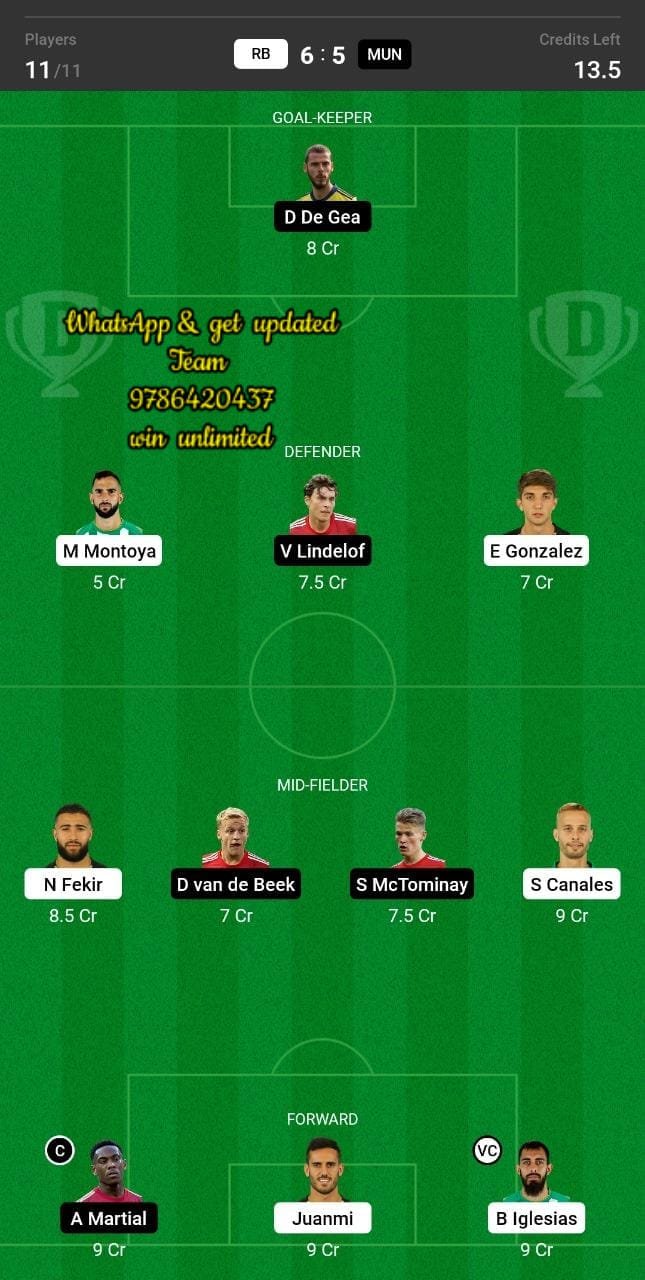 RB vs MUN Dream11 Team fantasy Prediction Club Friendlies