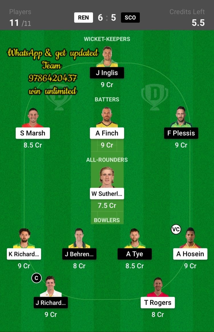 REN vs SCO 24th Match Dream11 Team fantasy Prediction KFC Big Bash League T20