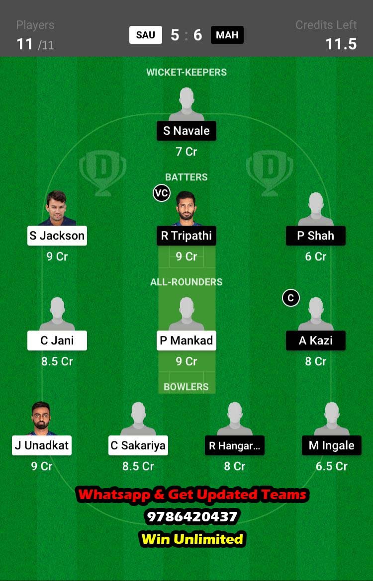 SAU vs MAH 23rd Match Dream11 Team fantasy Prediction Ranji Trophy