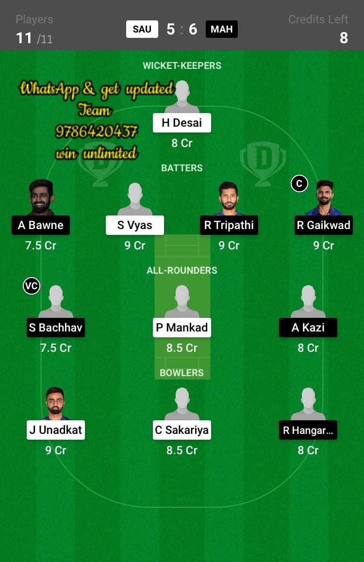 SAU vs MAH Final Match Dream11 Team fantasy Prediction Vijay Hazare Trophy