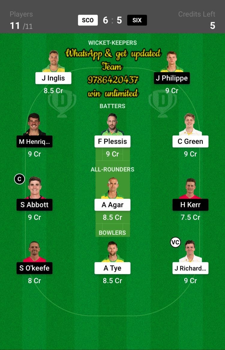 SCO vs SIX 6th Match Dream11 Team fantasy Prediction KFC Big Bash League T20