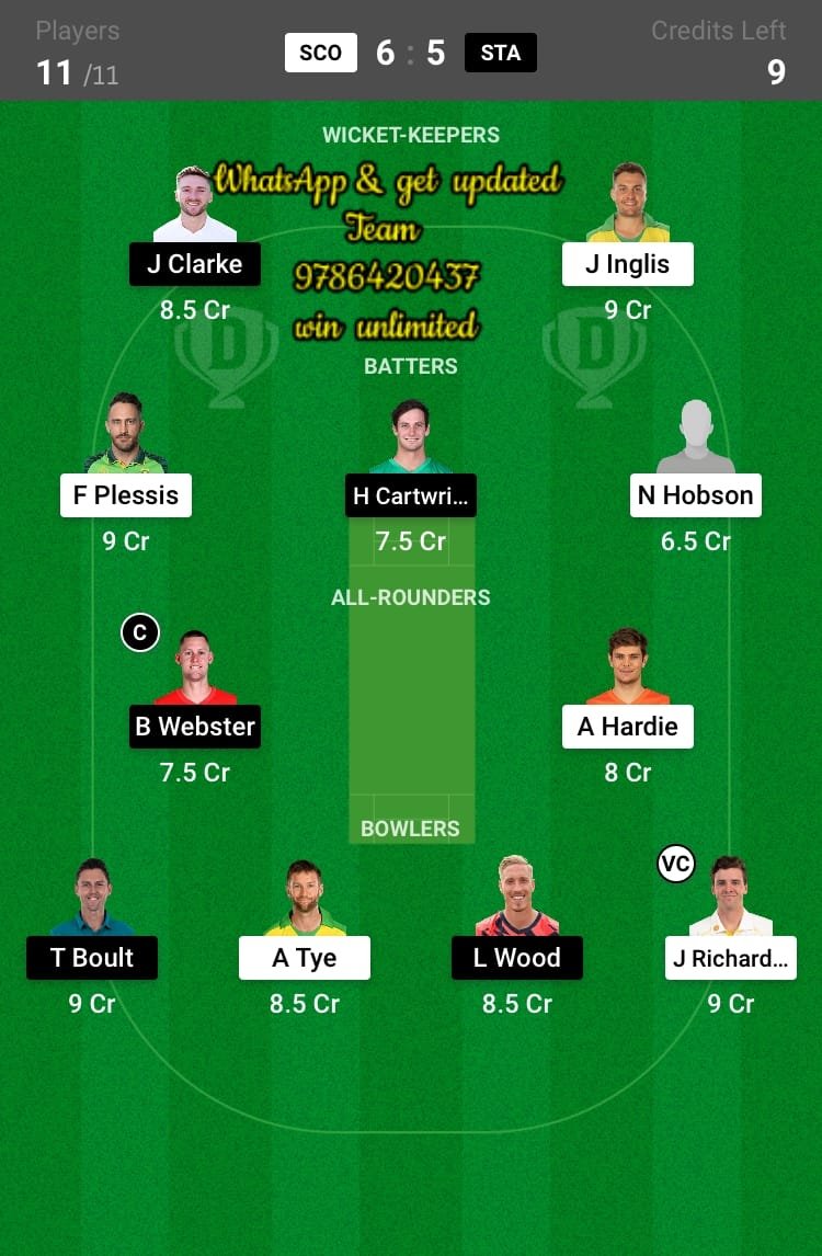 SCO vs STA 20th Match Dream11 Team fantasy Prediction KFC Big Bash League T20