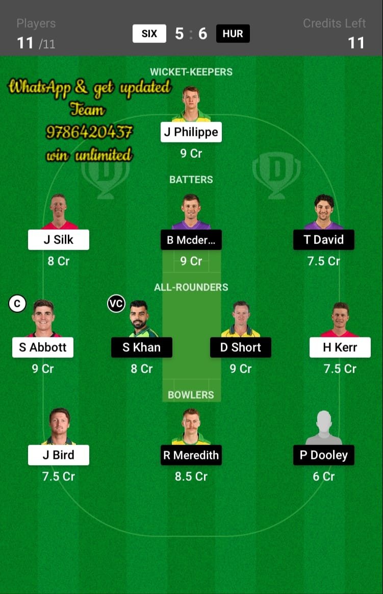 SIX vs HUR 11th Match Dream11 Team fantasy Prediction KFC Big Bash League T20