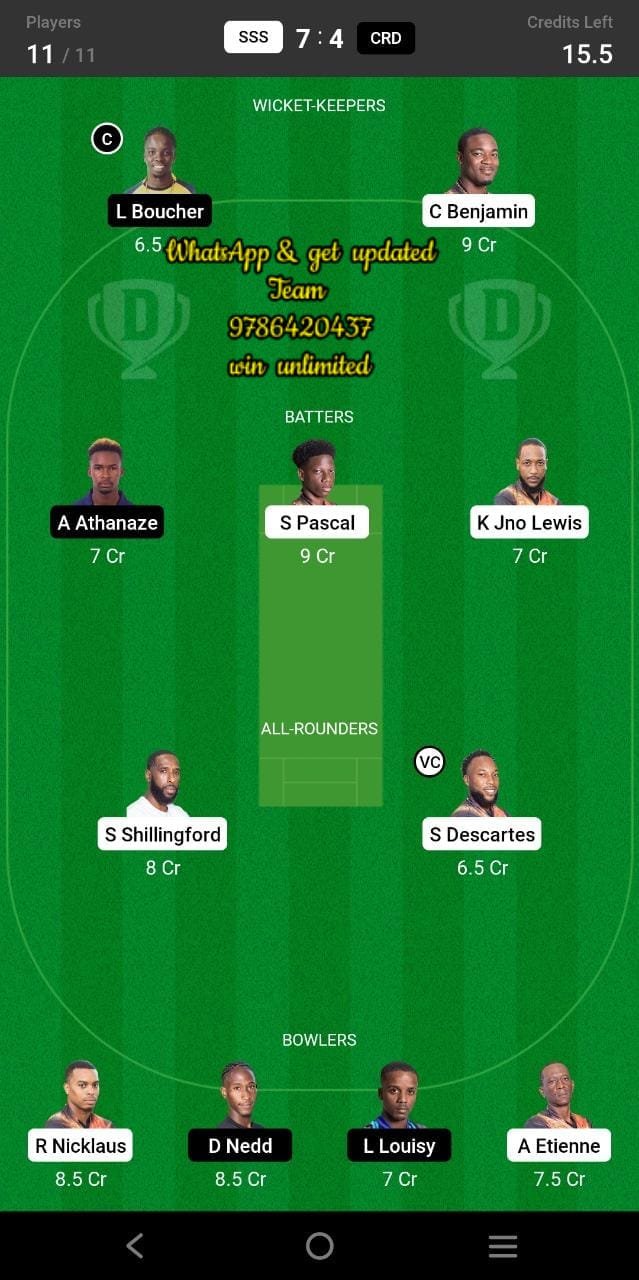 SSS vs CRD 19th Match Dream11 Team fantasy Prediction Dream11 Nature Isle T10