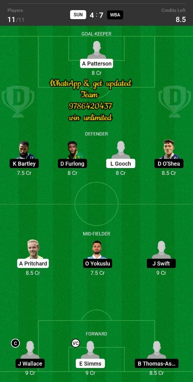 SUN vs WBA Dream11 Team fantasy Prediction English Championship