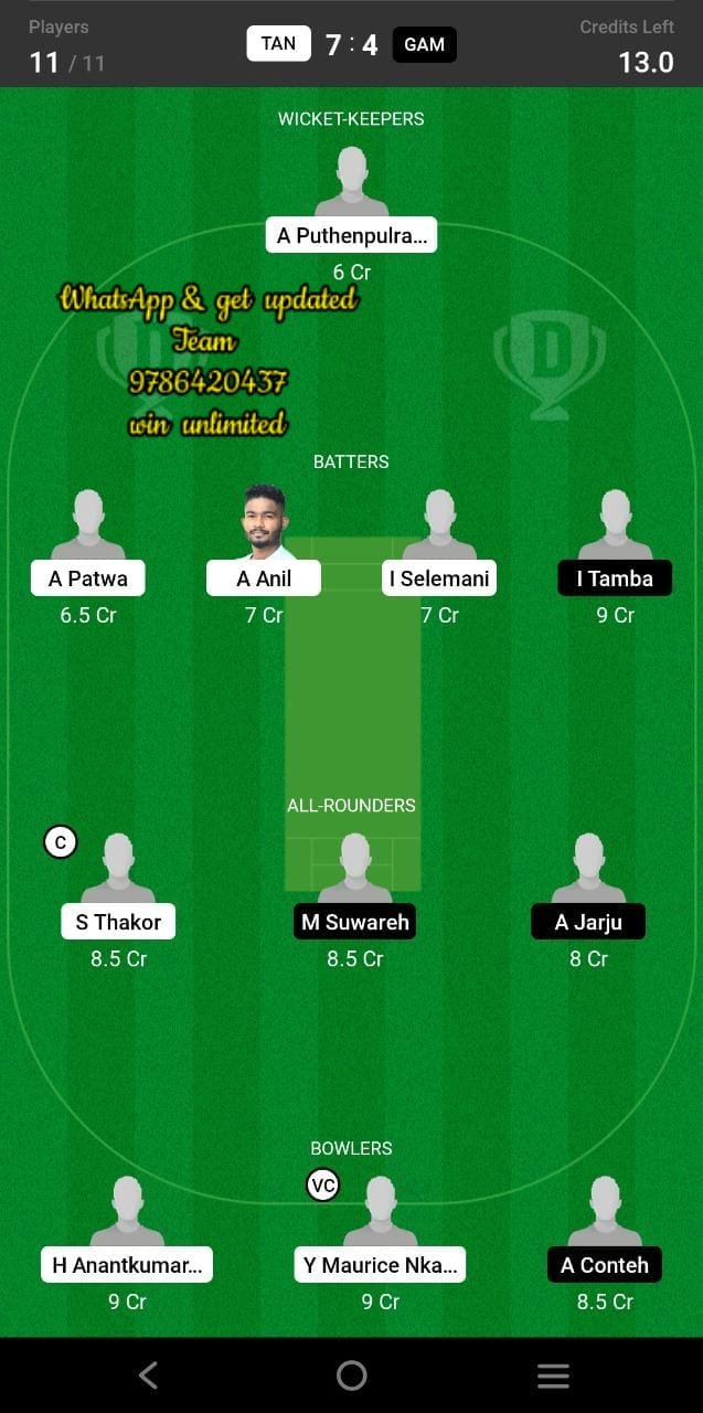 TAN vs GAM 19th Match Dream11 Team fantasy Prediction ICC T20 WC 2024 Sub Regional Qualifier B