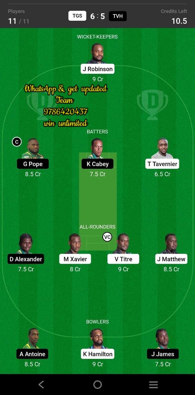 TGS vs TVH 12th Match Dream11 Team fantasy Prediction Dream11 Nature Isle T10