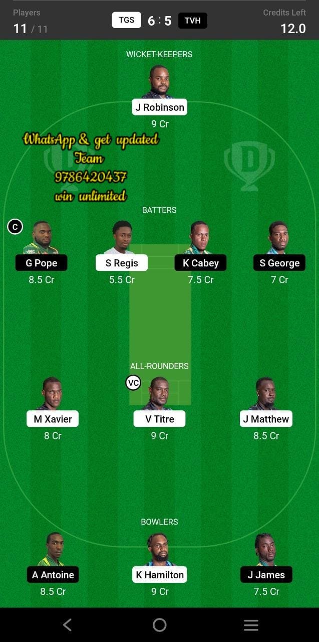 TGS vs TVH 18th Match Dream11 Team fantasy Prediction Dream11 Nature Isle T10