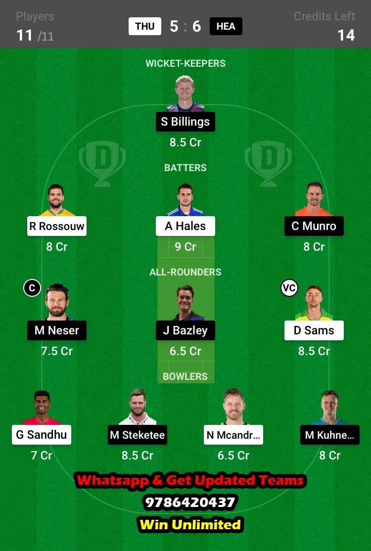 THU vs HEA 17th Match Dream11 Team fantasy Prediction Big Bash League