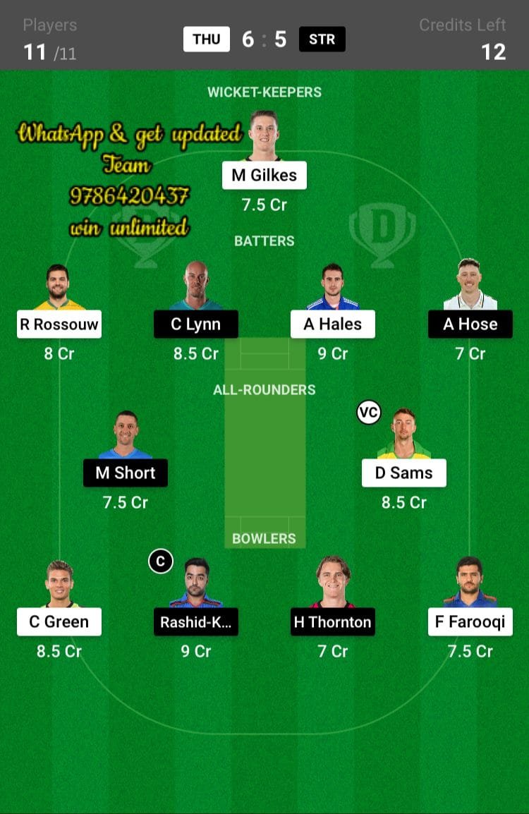 THU vs STR 5th Match Dream11 Team fantasy Prediction KFC Big Bash League T20