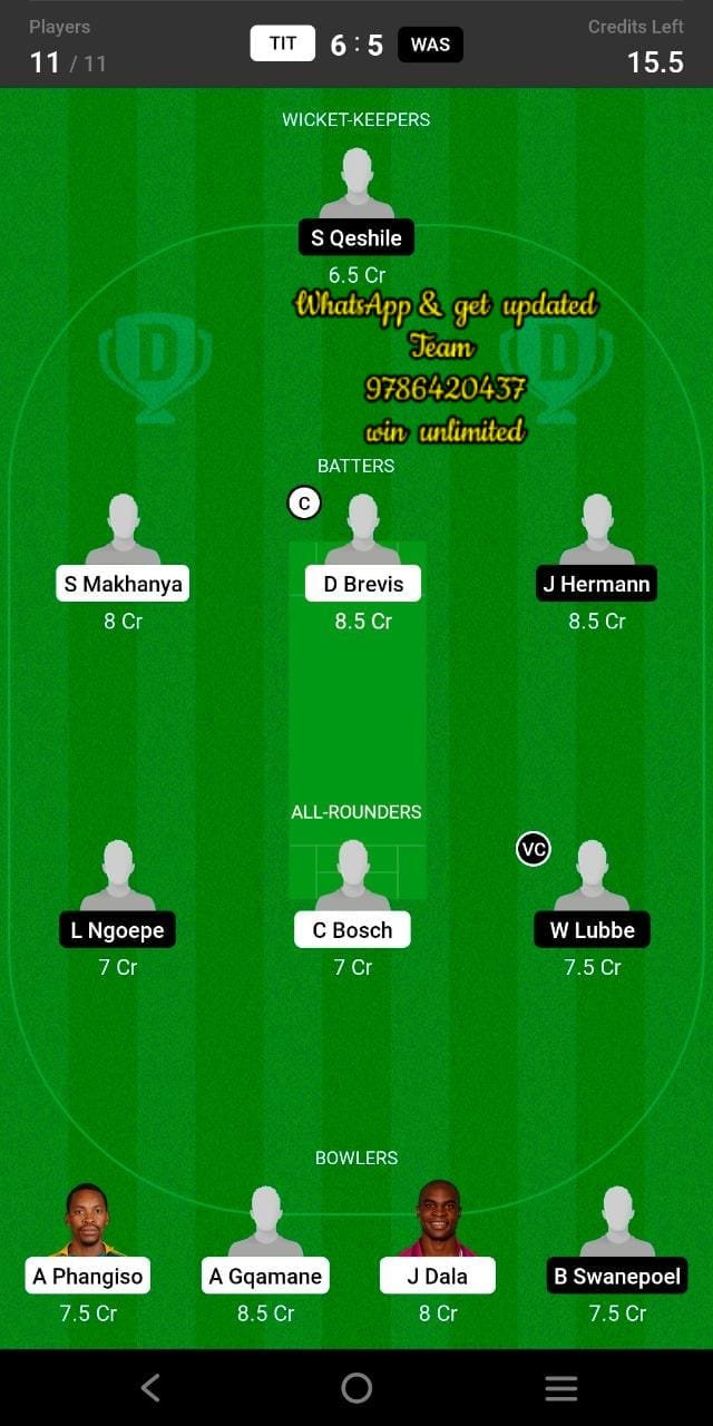 TIT vs WAS 6th Match Dream11 Team fantasy Prediction CSA One-Day Challenge Division One