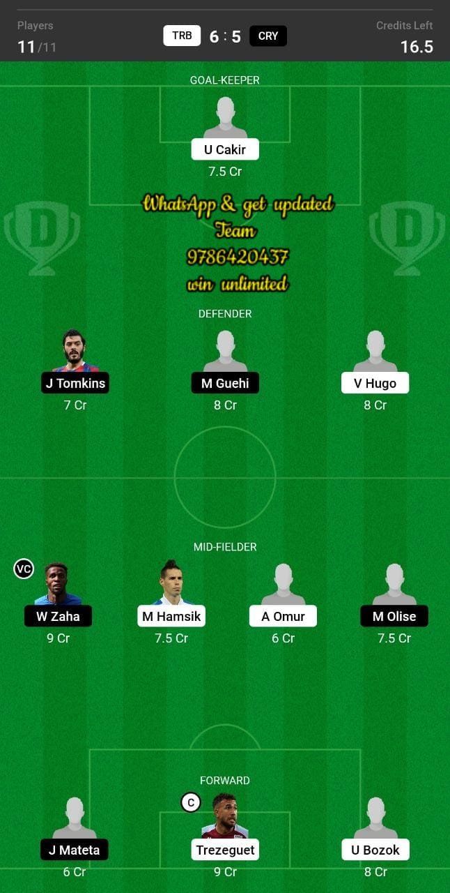 TRB vs CRY Dream11 Team fantasy Prediction Club Friendlies