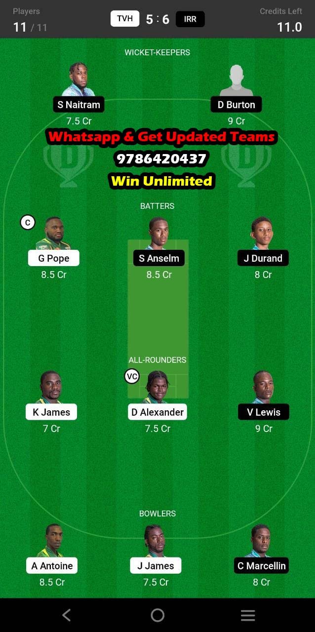 TVH vs IRR 9th Match Dream11 Team fantasy Prediction Dream11 Nature Isle T10