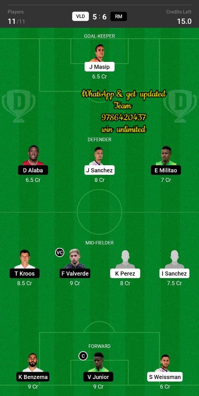 VLD vs RM Dream11 Team fantasy Prediction La Liga