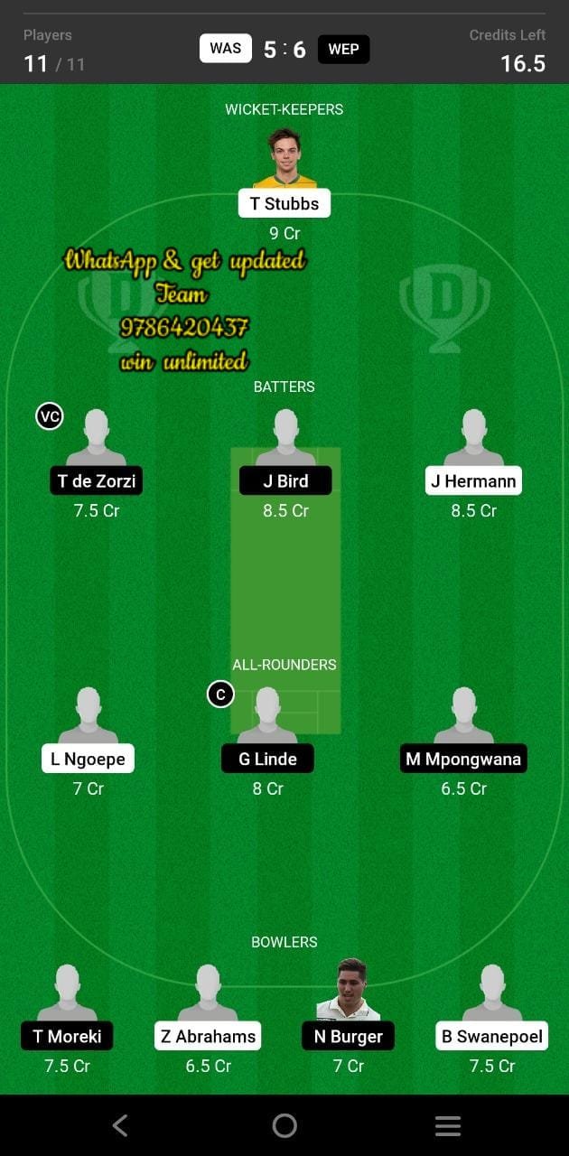 WAS vs WEP 14th Match Dream11 Team fantasy Prediction CSA One-Day Challenge Division One