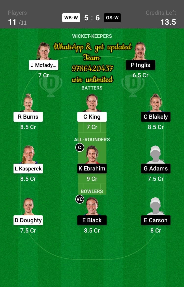 WB-W vs OS-W 11th Match Dream11 Team fantasy Prediction Hallyburton Johnstone Shield