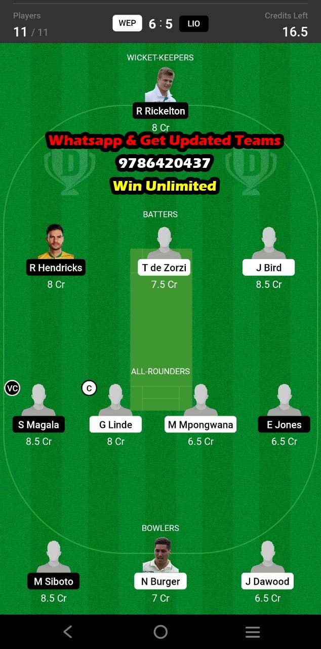 WEP vs LIO 23rd Match Dream11 Team fantasy Prediction CSA One-Day Challenge Division One