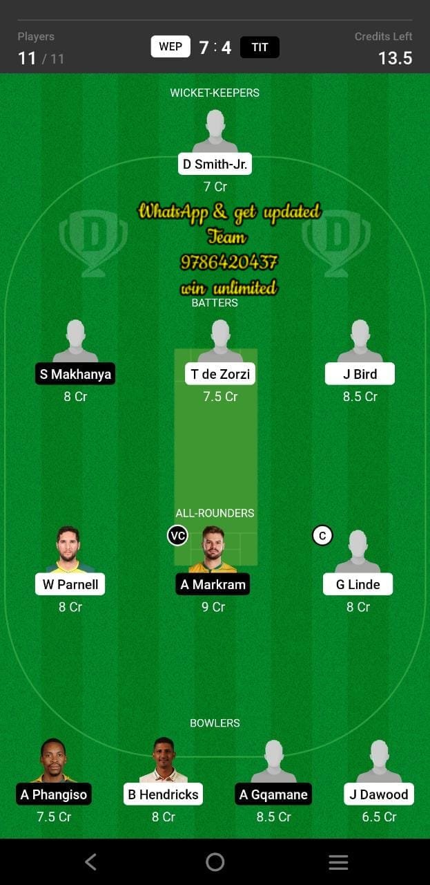 WEP vs TIT 10th Match Dream11 Team fantasy Prediction CSA One-Day Challenge Division One