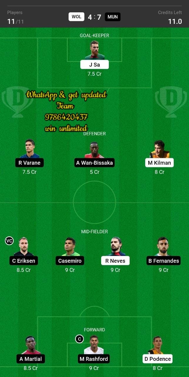 WOL vs MUN Dream11 Team fantasy Prediction Premier League