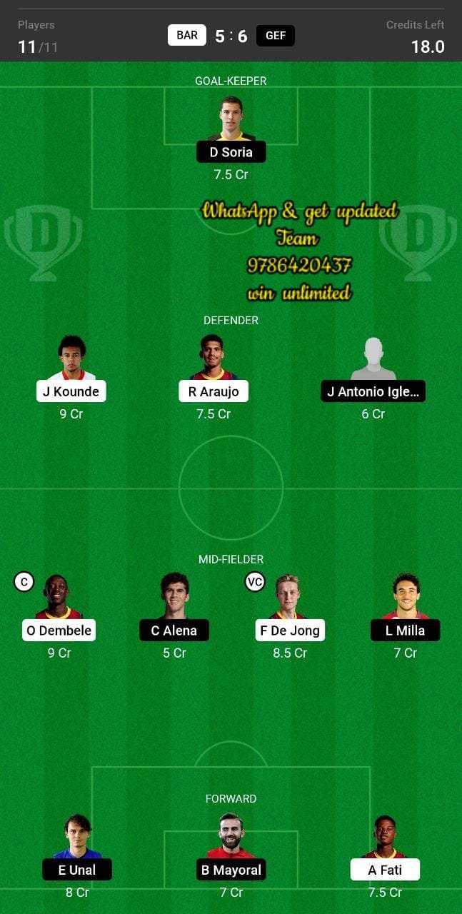 BAR vs GEF Dream11 Team fantasy Prediction La Liga