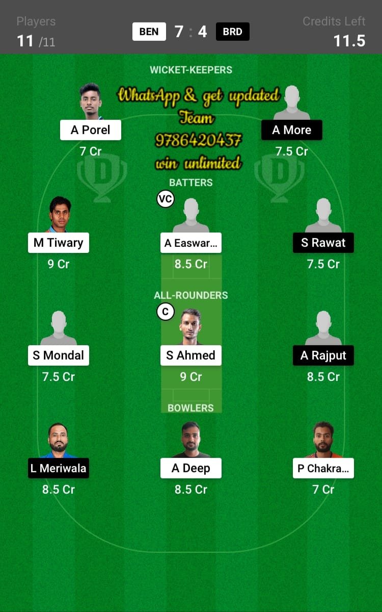 BEN vs BRD 85th Match Dream11 Team fantasy Prediction Ranji TrophyBEN vs BRD 85th Match Dream11 Team fantasy Prediction Ranji Trophy