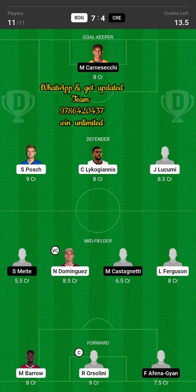 BOG vs CRE Dream11 Team fantasy Prediction Serie A