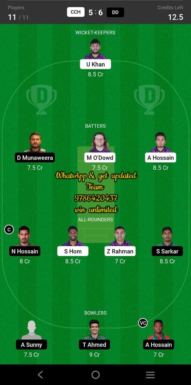 CCH vs DD 12th Match Dream11 Team fantasy Prediction Bangladesh Premier League