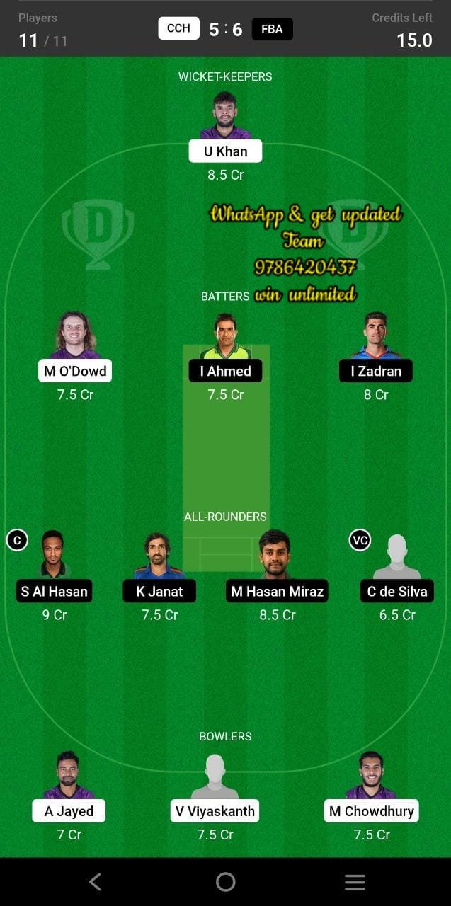 CCH vs FBA 9th Match Dream11 Team fantasy Prediction Bangladesh Premier League