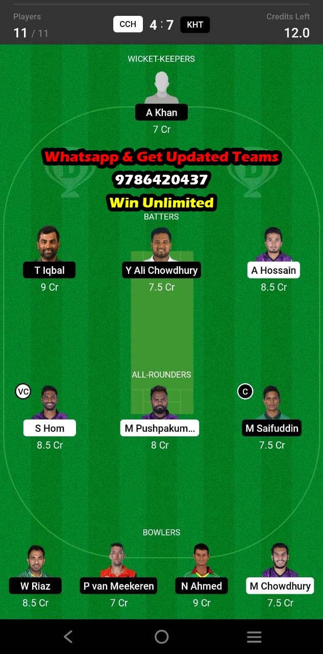 CCH vs KHT 6th Match Dream11 Team fantasy Prediction Bangladesh Premier League