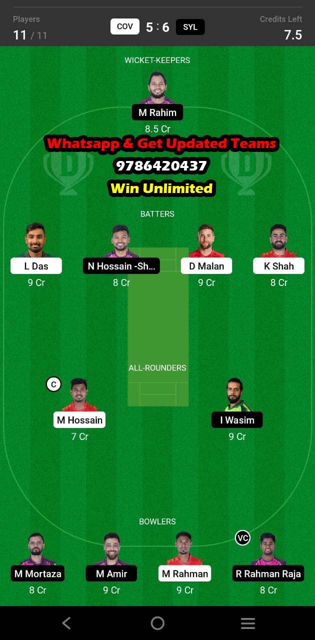 COV vs SYL 5th Match Dream11 Team fantasy Prediction Bangladesh Premier League