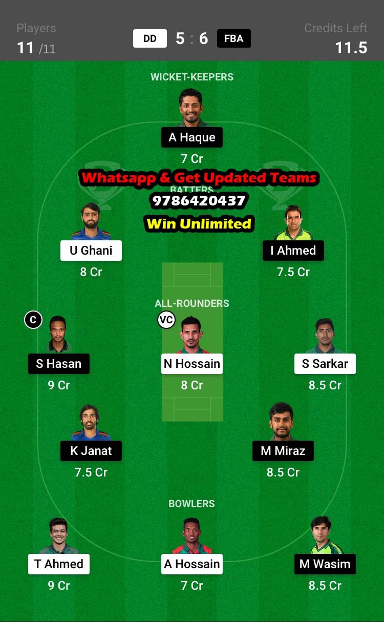 DD vs FBA 31st Match Dream11 Team fantasy Prediction Bangladesh Premier League