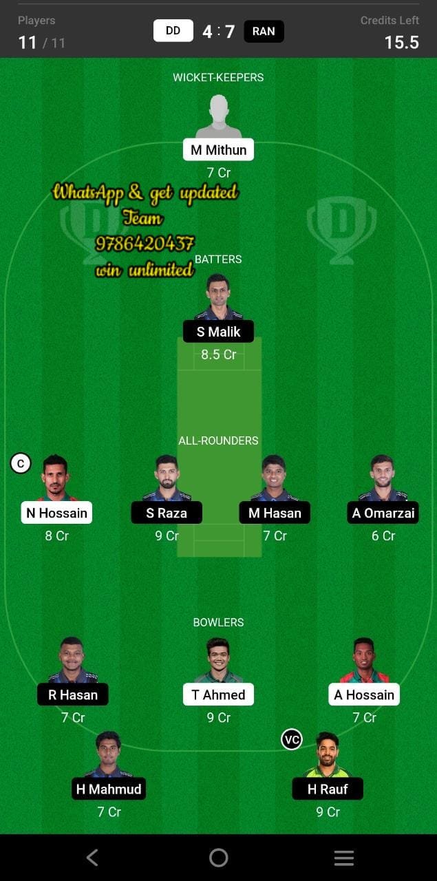 DD vs RAN 29th Match Dream11 Team fantasy Prediction Bangladesh Premier League