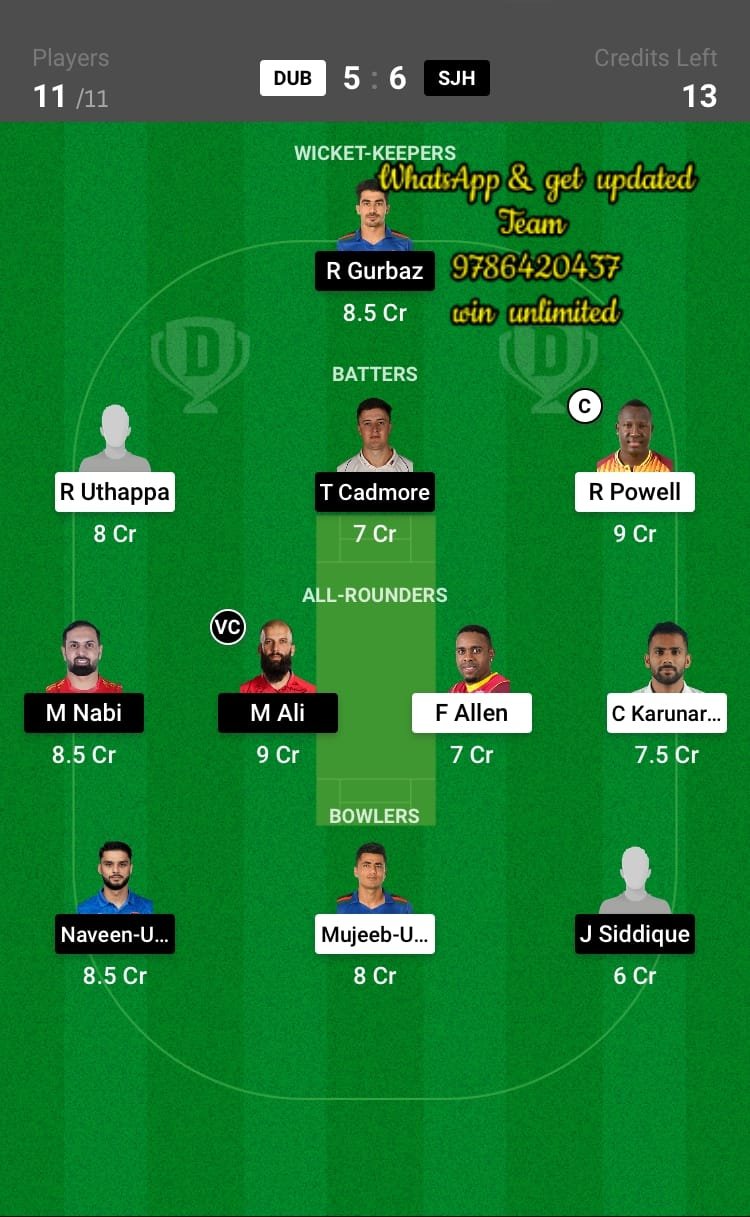 DUB vs SJH 10th Match Dream11 Team fantasy Prediction UAE T20