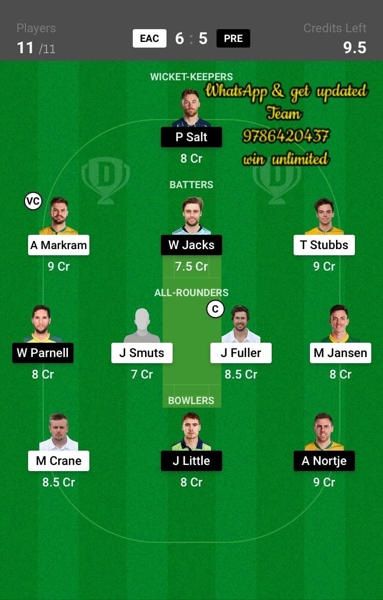 EAC vs PRE 3rd Match Dream11 Team fantasy Prediction SA T20 League