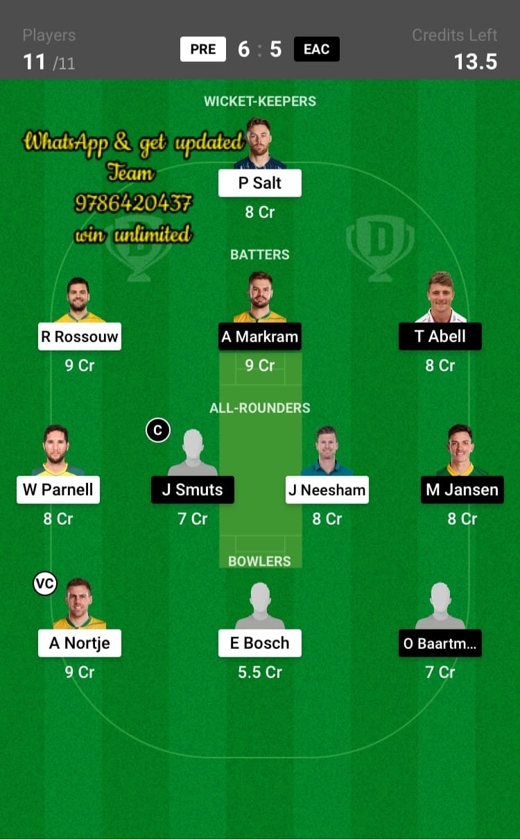 EAC vs PRE 6th Match Dream11 Team fantasy Prediction SA T20 League