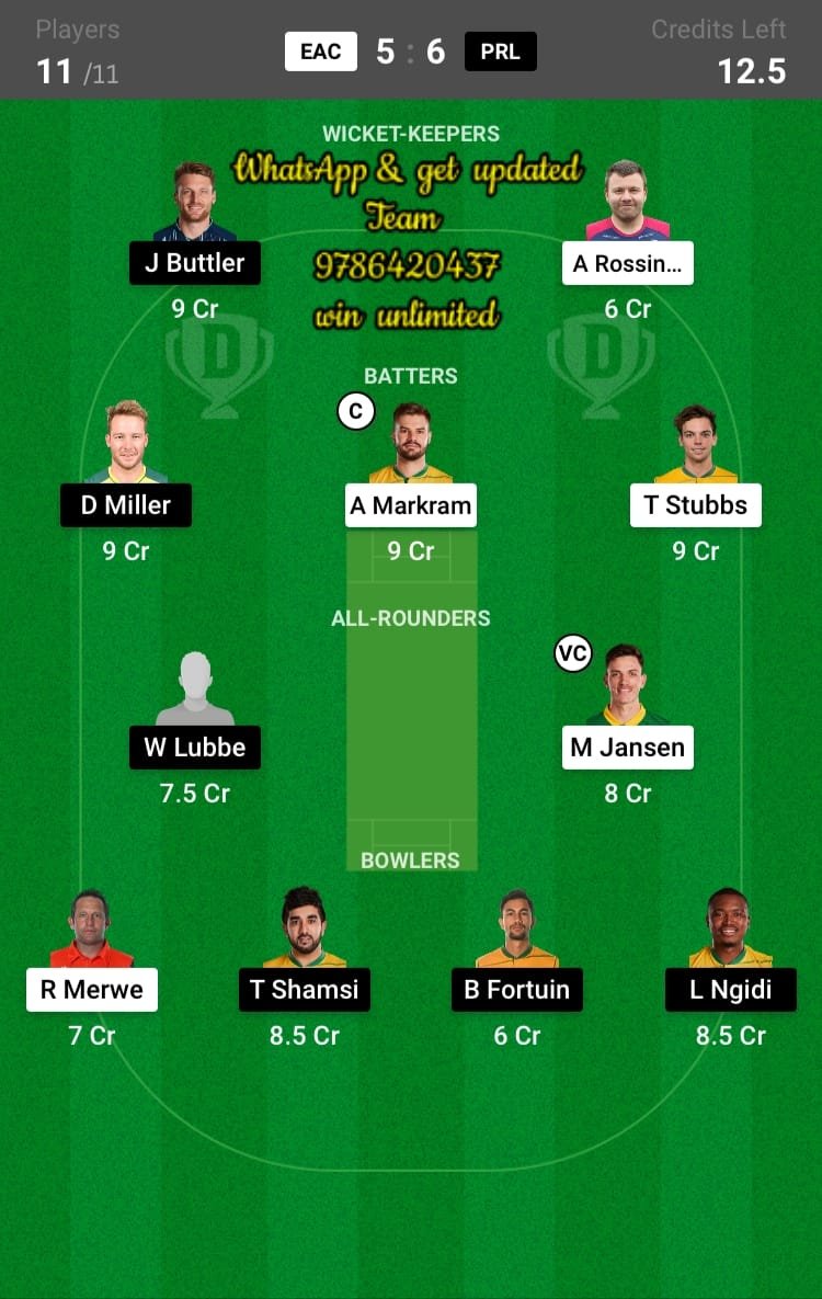 EAC vs PRL 21th Match Dream11 Team fantasy Prediction SA T20 League