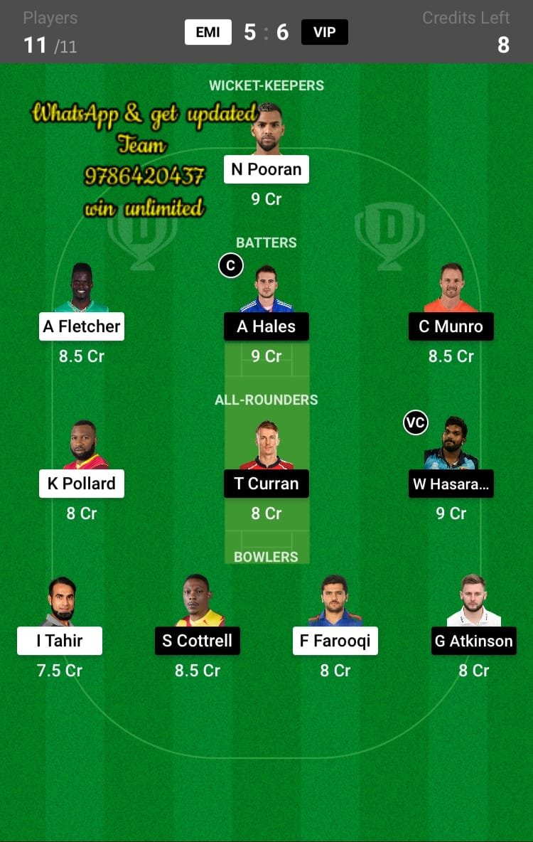 EMI vs VIP 15th Match Dream11 Team fantasy Prediction UAE T20