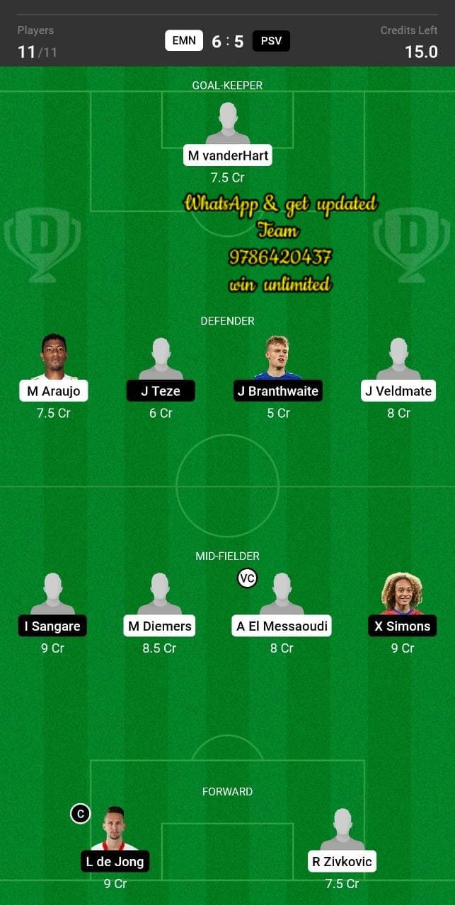 EMN vs PSV Dream11 Team fantasy Prediction Dutch League