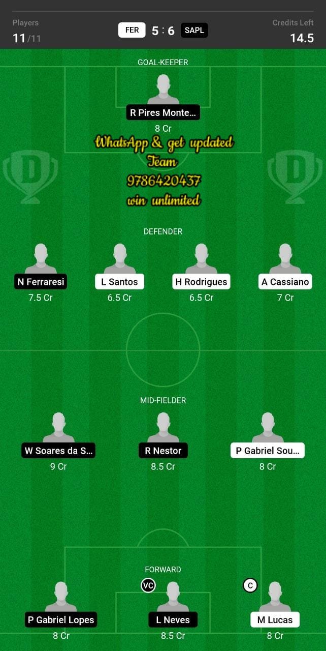 FER vs SAPL Dream11 Team fantasy Prediction Brazilian Paulista