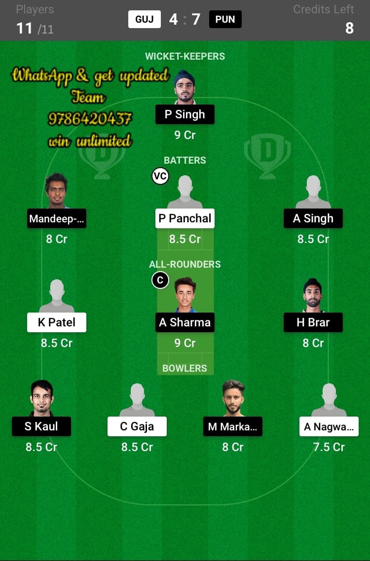 GUJ vs PUN Elite Group D Match Dream11 Team fantasy Prediction Ranji Trophy