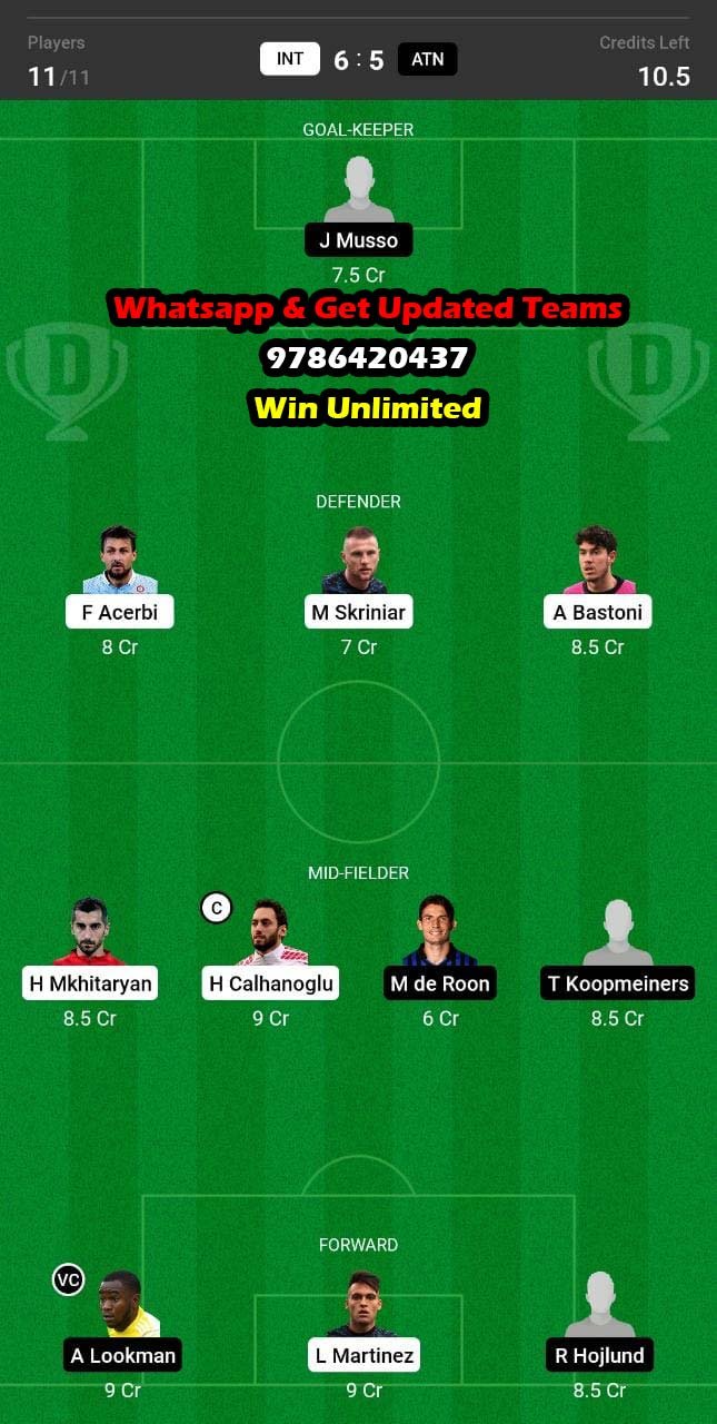 INT vs ATN Dream11 Team fantasy Prediction Coppa Italia