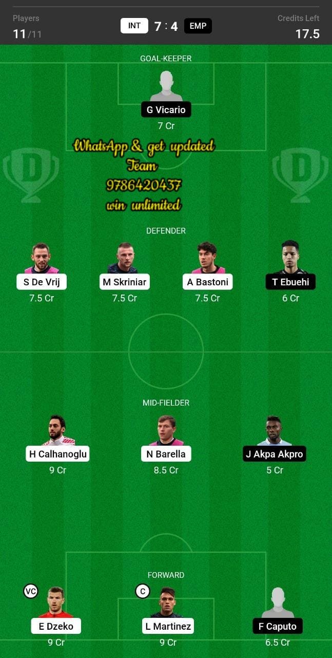 INT vs EMP Dream11 Team fantasy Prediction Serie A