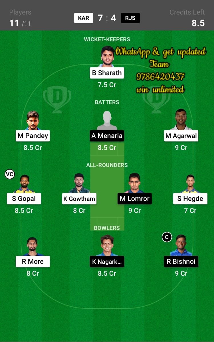 KAR vs RJS 90th Match Dream11 Team fantasy Prediction Ranji Trophy