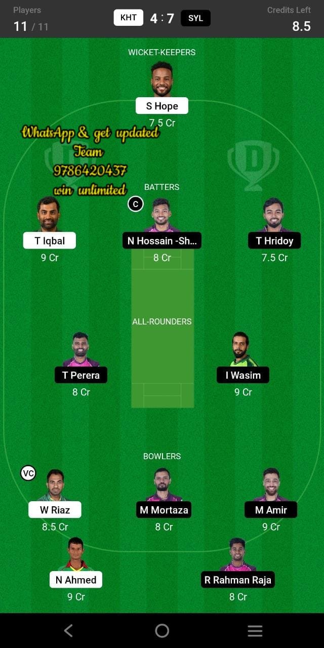 KHT vs SYL 30th Match Dream11 Team fantasy Prediction Bangladesh Premier League