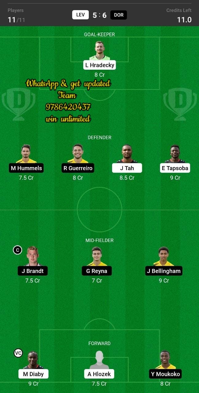 LEV vs DOR Dream11 Team fantasy Prediction Bundesliga